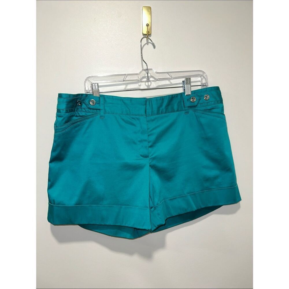WHBM 14 Turquoise Lagoon Tab Button Waist Detail Trim Cuffed Cotton Shorts